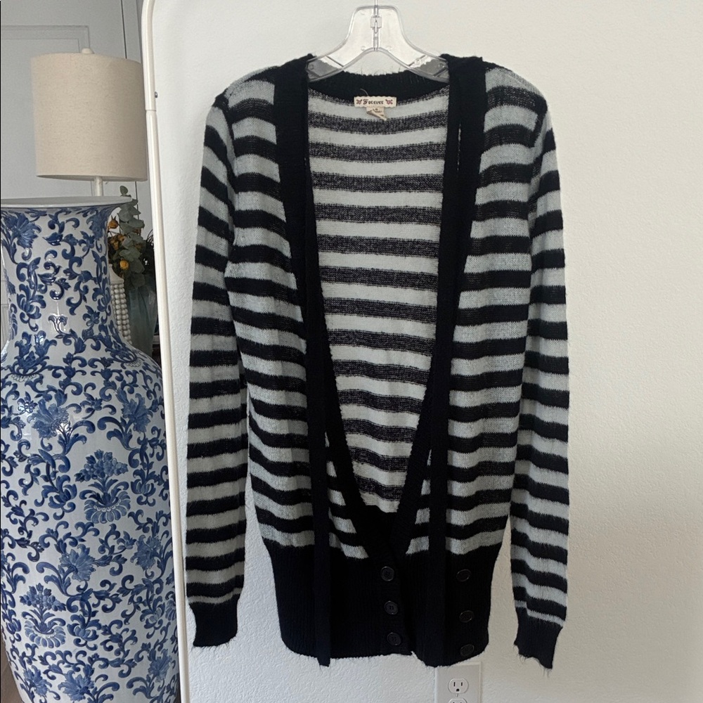 Forever 21 (2010s) Blue and Black Striped Scarfed Long Cardigan